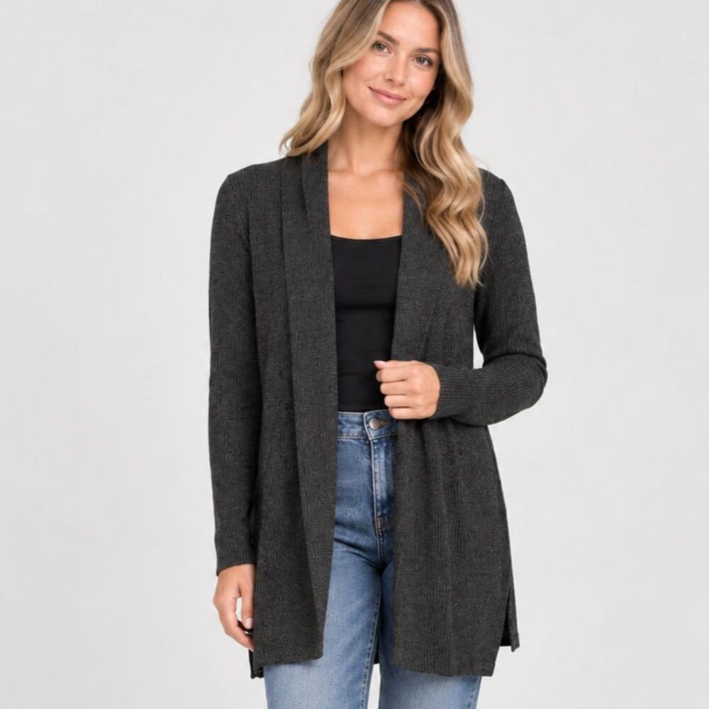Max Studio Dark Gray 100% Extrafine Merino Wool Open Front Cardigan Sz S